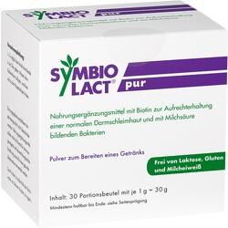 Weiße Verpackung mit der Aufschrift "SymbioLact pur" und Infos zur Nahrungsergänzung.