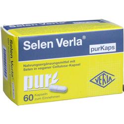 Eine gelbe Packung mit 60 Selen-Kapseln als Nahrungsergänzungsmittel.