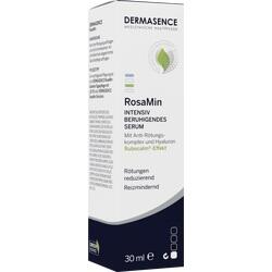 Weiße Serumverpackung mit dem Namen "RosaMin" und Details zur Hautpflege.