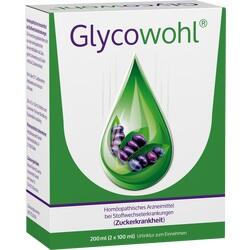 Weiße Schachtel mit der Aufschrift "Glycowohl" und einem grünen Tropfenmotiv.
